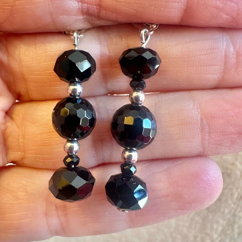 Black and silver tone beaded drop earrings